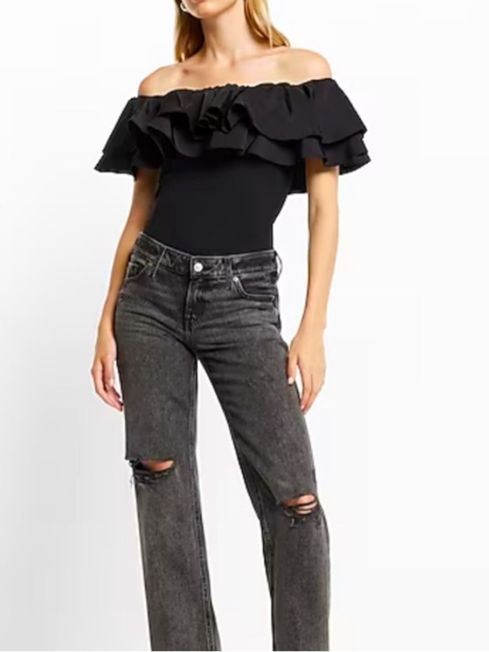 Express Chic Off The Shoulder Tiered Ruffle Overlay Black Bodysuit Size S NWT